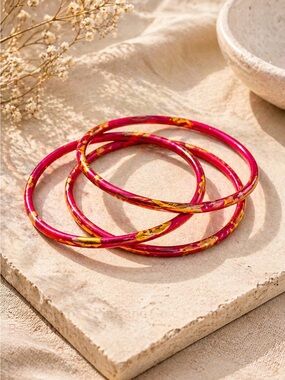 Set of 3 Pink and Gold Enamel Bangles